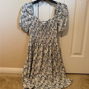 H&M Blue, Black, and White Smocked Puff Sleeve Mini Sundress
